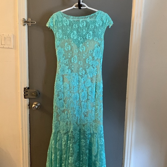 Wedding guest prom evening mermaid fairy beaded maxi Turquoise Lace Dress - Picture 5 of 7